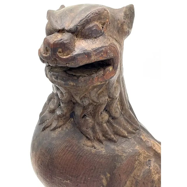 Brown 19th C. Tibetan Carved Wood & Polychromed Foo/ Guardian /Temple Dogs - a Pair For Sale - Image 8 of 12