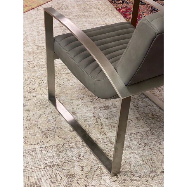 Metal Modern Leather Lounge Chair W/Channel Stitching For Sale - Image 7 of 13