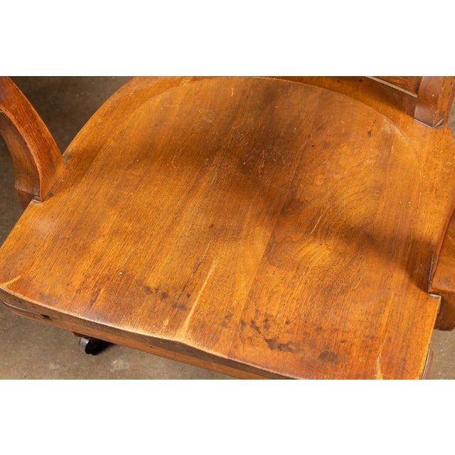 Wood Vintage Oak Swivel Banker's Chair For Sale - Image 7 of 7