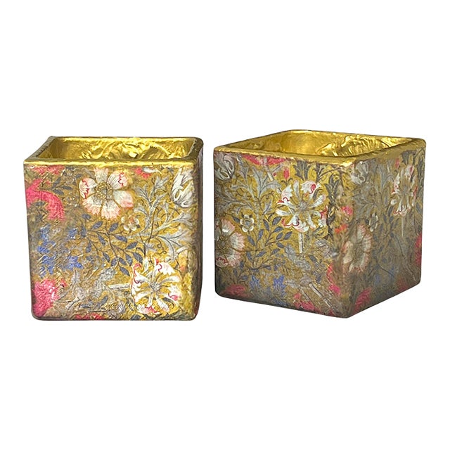 2020s Art Nouveau, Victorian, English Traditional William Morris Compton Floral Gilded Glass Cachepots, Desk Organizers, a Pair For Sale