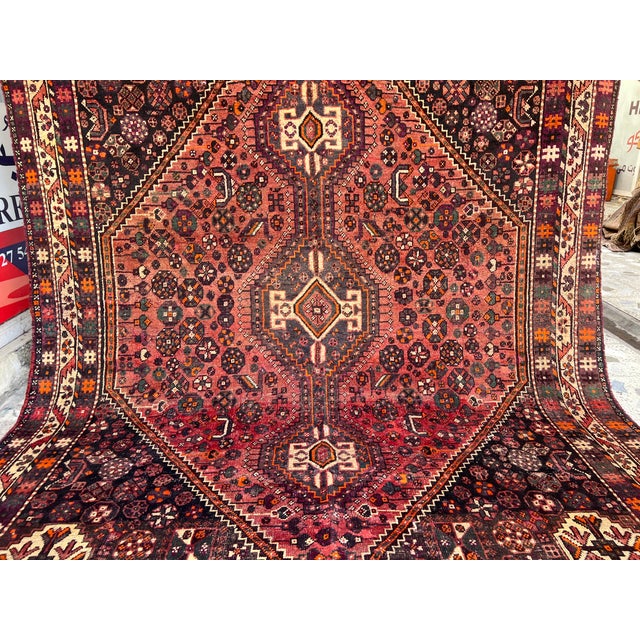 1970s Red Qashqai Tribal Hand-Knotted Wool Rug - 6'6" X 8'1" For Sale - Image 5 of 15