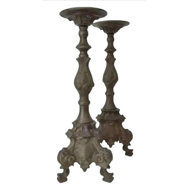 Vintage Bronze Altar Style Candle Holders- A Pair For Sale - Image 9 of 9