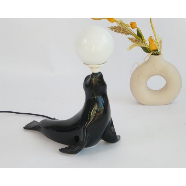 1960s Mid-Century Black Ceramic Glazed Seal Table Lamp Lamp with White Globe, 1960s For Sale - Image 5 of 6