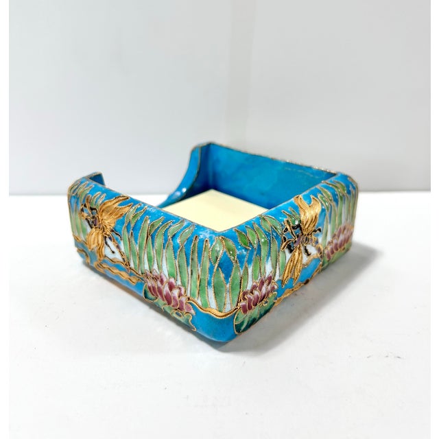 Vintage Chinese Cloisonné Memo Holder With Dragonfly and Lotus Motif, Turquoise Enamel Desk Accessory For Sale In Louisville - Image 6 of 10