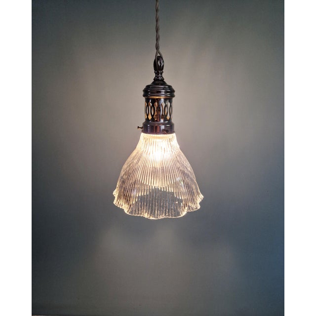 Metal Art Deco Pendant Light in Grooved Clear Glass, 1930 For Sale - Image 7 of 12