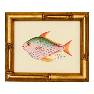 Original Miniature Hand-Painted Fish Painting in Faux Bamboo Frame For Sale