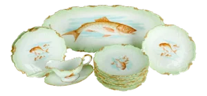 Limoges Victorian Era Porcelain With 22k Gold Details & Hand Painted Fish Serving Set of 13