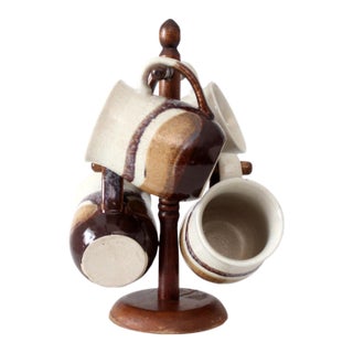 Vintage Handmade Studio Pottery Mug Set With Wooden Stand For Sale