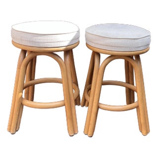 Pair of 1990s Rattan Table High Stools White Corduroy Upholstered Swivel Seats For Sale