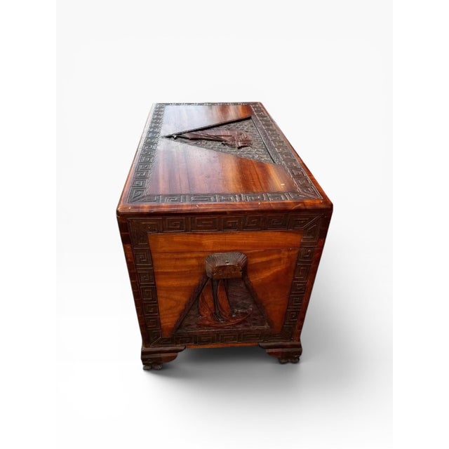 Mid 20th Century Vintage Hand-Carved Camphor Wood Trunk Chest With Greek Key Motif & Brass Hardware For Sale - Image 5 of 14