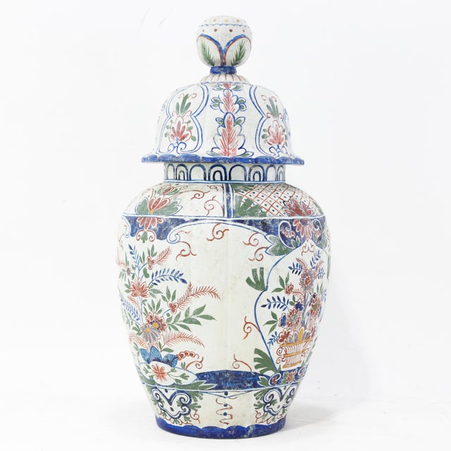 Late 20th Century Vintage Dutch Delft Polychrome Lidded Ginger Jar in Floral Pattern For Sale - Image 5 of 17