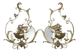 A Antique Venetian Tole & Mirrored Ship Motif Sconces - a Pair