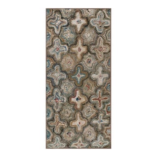 1930s Gray Cross Folk Art Antique American Hooked Rug 3'4" X 6'11" Handknotted Wool Carpet For Sale