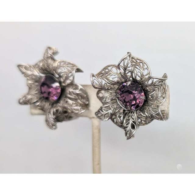 Napier Vintage 1950s Signed Napier Silvertone Filigree Faux-Amethyst Flower Clip Earrings- 2 Pieces For Sale - Image 4 of 8