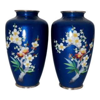 Pair of Antique Japanese Cloisonné Cobalt Blue Enamel Vases With Cherry Blossom and Foliage Motif. For Sale