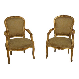 Pair Gold Finish French Open Armchairs For Sale