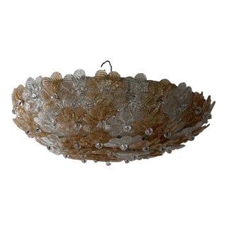 Big Amber Clear Barovier & Toso Midcentury Murano Flowers Flush Mount Chandelier For Sale