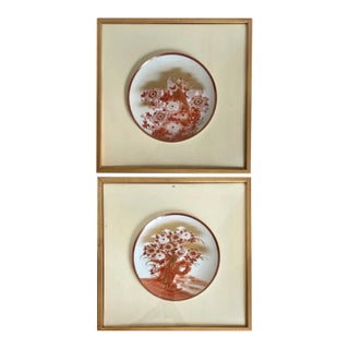 Pair of Framed Antique Kutani Japanese Peacock Plates For Sale