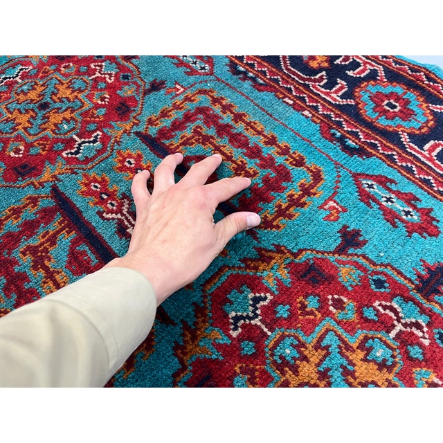 Turquoise Floral Geometric Tribal Wool Runner, 2'9" X 6'7" For Sale - Image 11 of 13