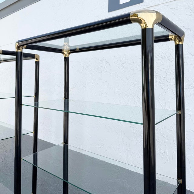Metal Art Deco Black Lacquered Etagere With Gold Accents and Glass Shelves - A Pair For Sale - Image 7 of 12