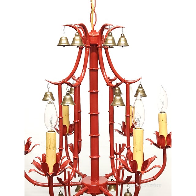 1950s Fabulous Italian Tole Vintage Red Faux Bamboo Pagoda With Brass Bells Chandelier ~ Rewired ~ Restored ~ Rejuvenated For Sale - Image 5 of 12