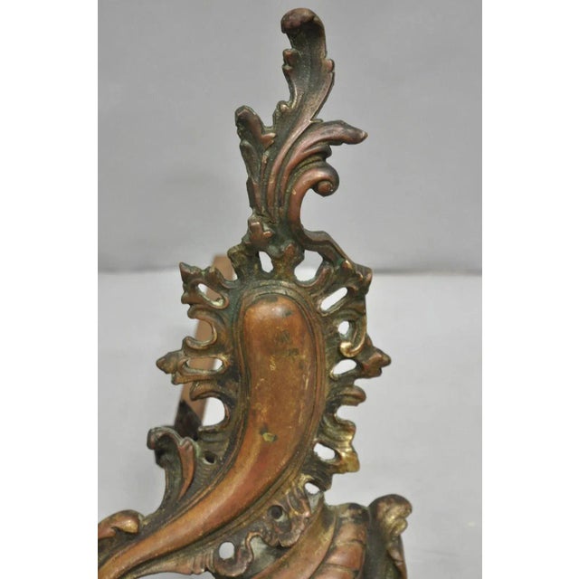 Antique French Louis XV Patinated Brass Bronze Small Fireplace Andirons & Fender For Sale In Philadelphia - Image 6 of 12