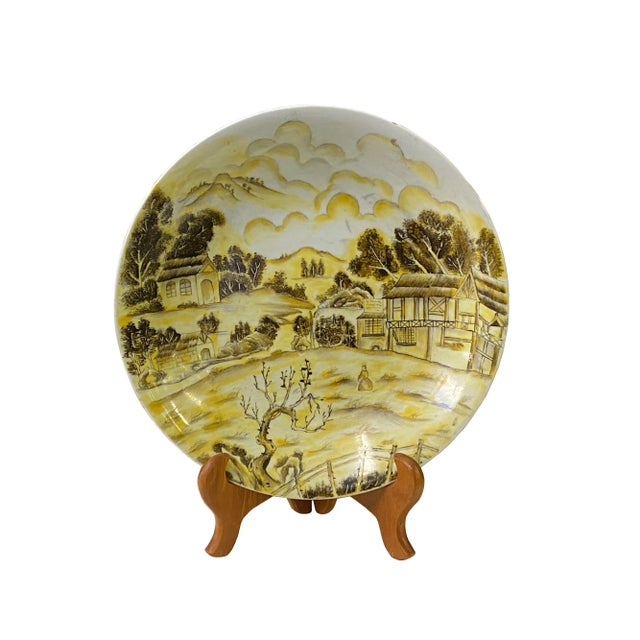 White Chinese Yellow White Village Tree Graphic Porcelain Decor Plate For Sale - Image 8 of 9