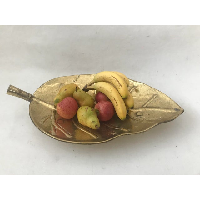 Metal Vintage Mid Century Large Brass Bowl Leaf Shape Italian Style For Sale - Image 7 of 8