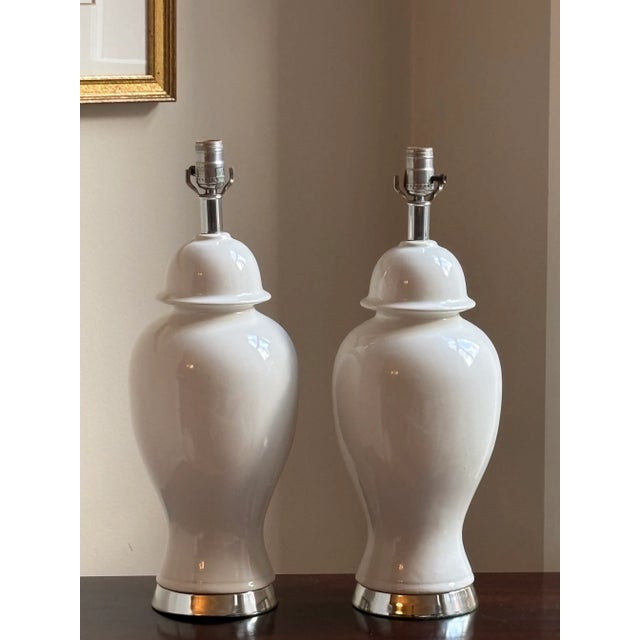 White 1960s White & Chrome Ginger Jar Table Lamps — A Pair For Sale - Image 8 of 17