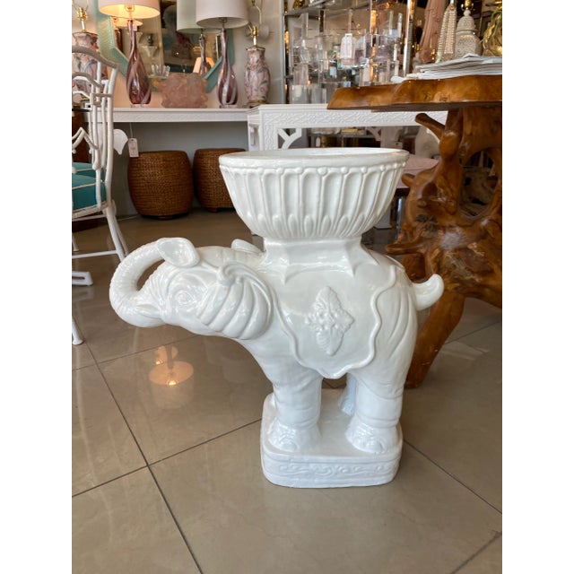 Vintage Large White Plaster Elephant Garden Plant Stand Planter For Sale - Image 12 of 13