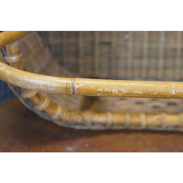 Brown Large Vintage Woven Wicker Harvest Basket with Bentwood Bamboo Handle For Sale - Image 8 of 11