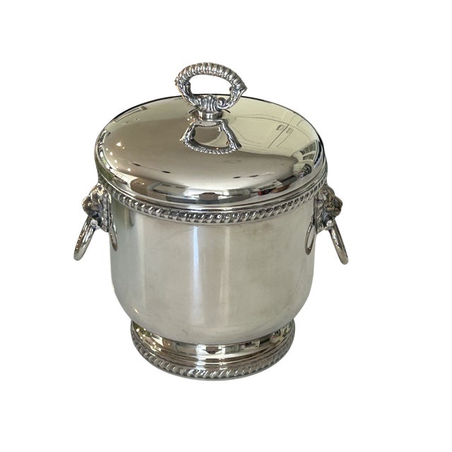 Mid-Century Modern Vintage the Sheffield Silver Co. Silver-Plated Ice Bucket With Lion Head Handles, Milk Glass Liner & Ornate Ice Tongs | Hollywood Regency Barware For Sale - Image 3 of 15