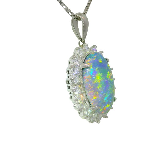 Early 21st Century 3.51 Carat Australian Black Opal Diamond Platinum Halo Pendant Necklace For Sale - Image 5 of 7