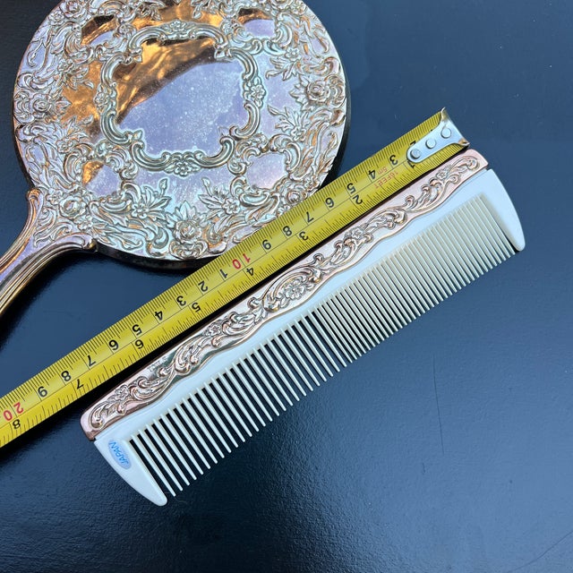 1970s Trio Vintage Silver Plated Vanity Set- Hand Held Mirror, Brush, and Comb For Sale - Image 5 of 10