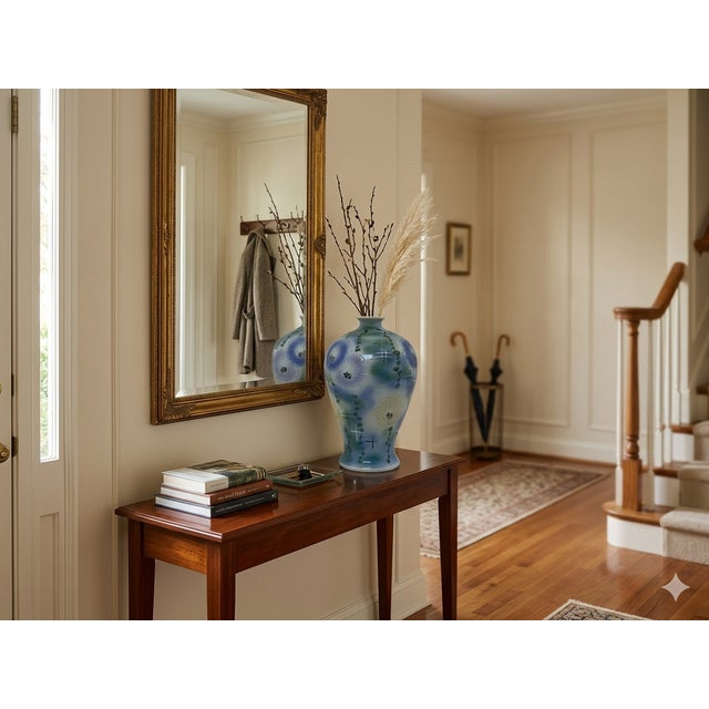 Cornflower Blue Artistic Pastel Flower Pattern Porcelain Round Baluster Art Vase For Sale - Image 8 of 9