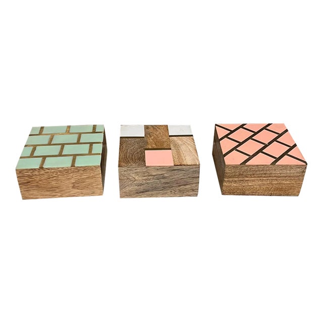 Handcrafted Three Trinket Boxes Mod Geometric Design For Sale