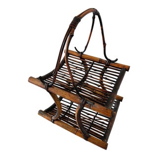 Burnt Bamboo Pencil Reed Magazine Basket With Handle For Sale