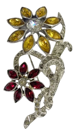 Vintage Flower Brooch Pin Silver Tone Floral Rhinestones Daisies