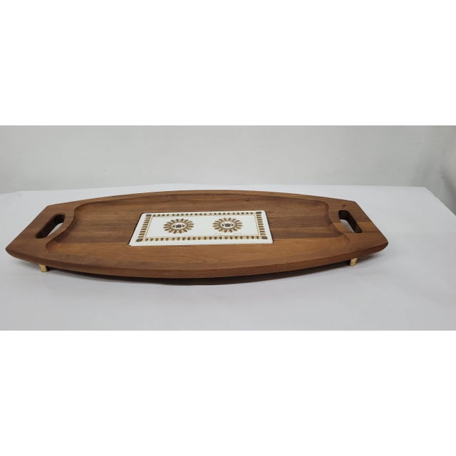 Georges Briard 1960 Mid Century Wood Serving Tray With Ceramic Tile Inlay by Georges Briard For Sale - Image 4 of 11