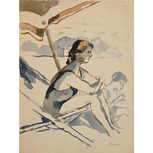 At the Beach is an original Watercolour realized by Mino Maccari in mid-20th Century. Good condition on a yellowed paper....