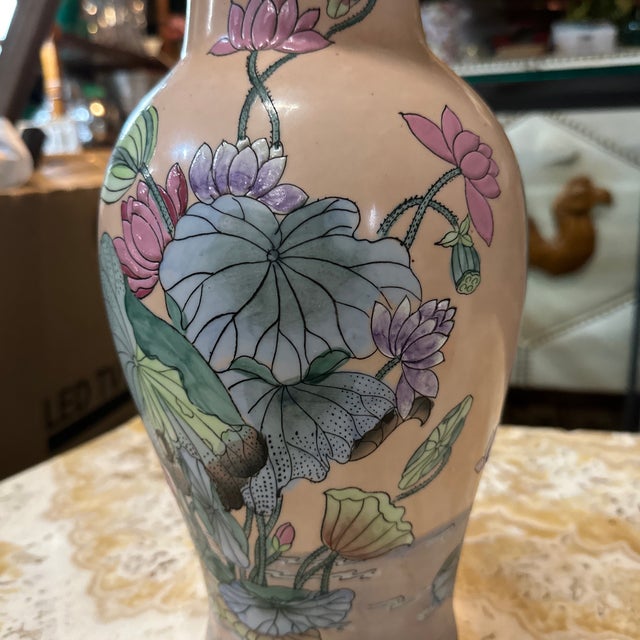 Asian Asian Style Vintage Ceramic Pink Floral Vase For Sale - Image 3 of 8