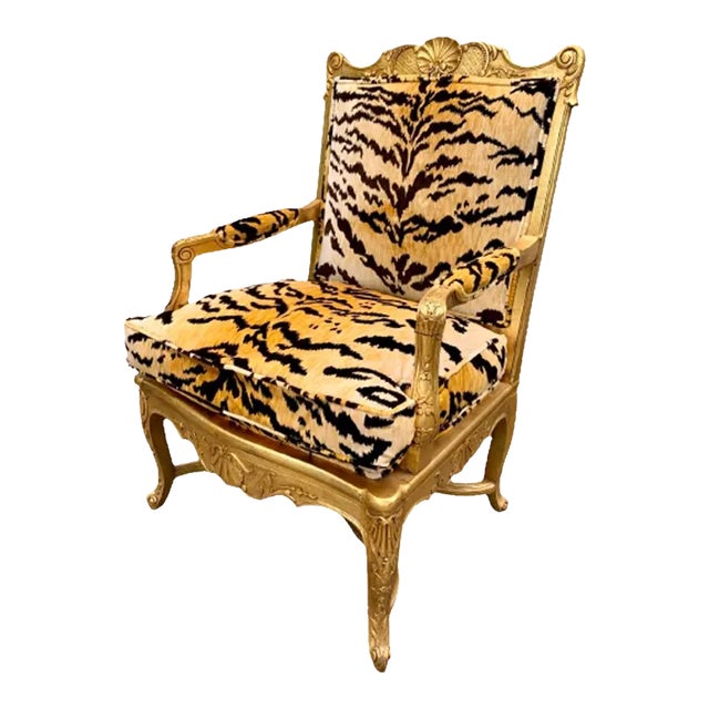 French Regency Giltwood Fauteuil Lounge Chair in Scalamandré Le Tigre Tiger Silk Velvet For Sale