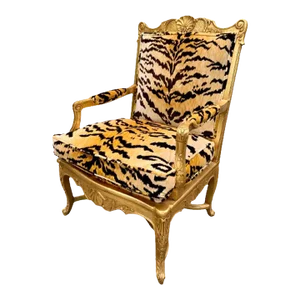 French Regency Giltwood Fauteuil Lounge Chair in Scalamandré Le Tigre Tiger Silk Velvet