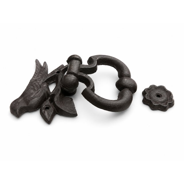 French Wrought Iron Bird Door Knocker With Floral Strike Plate For Sale - Image 4 of 5