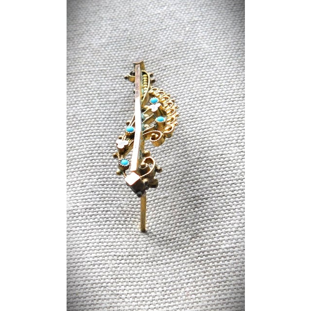 Antique 10K Etruscan Revival Gold Openwork Brooch Pin with Turquoise Stones. This beautiful and unique late 19th century...