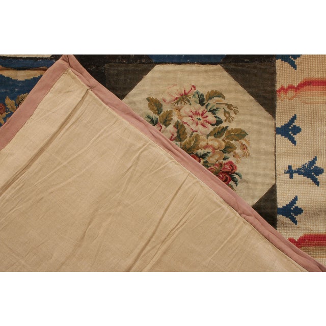 Handmade Antique English Needlepoint Rug in Blue, Beige-Brown Floral Pattern For Sale - Image 9 of 9
