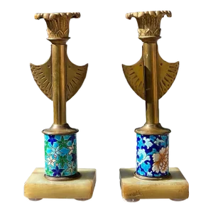 Antique French Longwy Egyptian Revival Candlestick Holders - a Pair