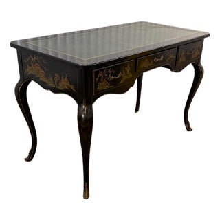 1960s Black Chinoiserie 3 Drawer Louis XV Desk Signed R Davis For Sale