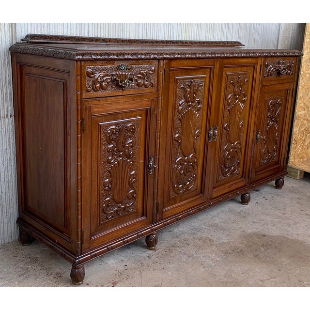 Early 20th Carved Walnut Sideboard With Four Doors and Two Drawers and Crest For Sale - Image 6 of 13