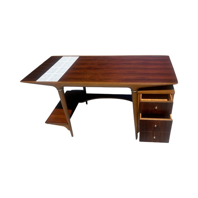 1960s Rare Vintage Mid Century Modern Cosmopolitan Lane Rosewood Desk Restored Brass Tile 1960s For Sale - Image 5 of 12